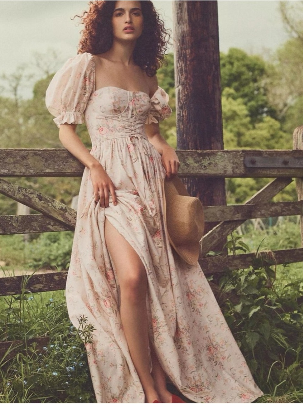 Selkie “The Renaissance gown” Blush Floral Puff-Sleeve Maxi Dress